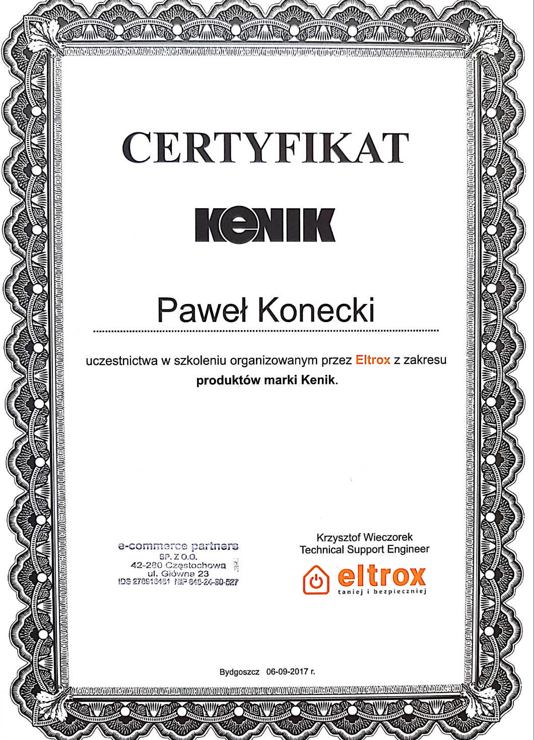Certyfikat firmy Eltrox